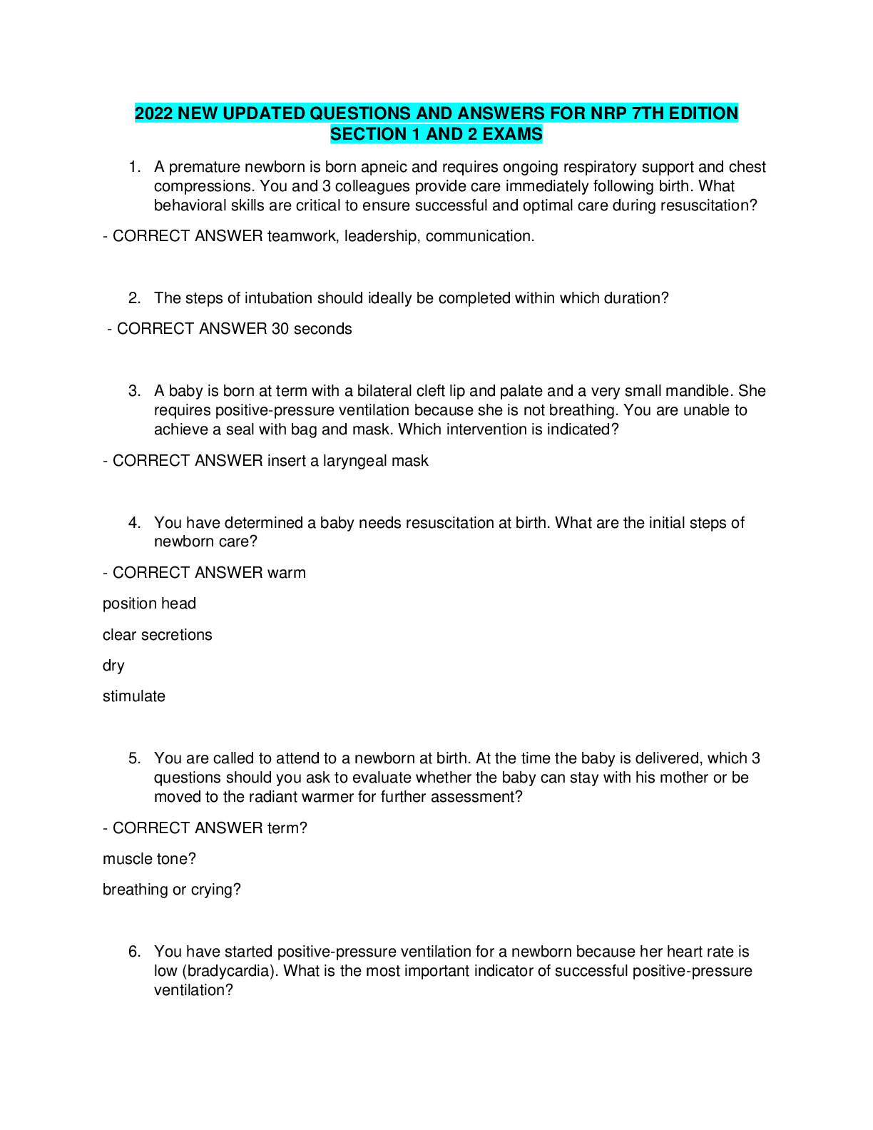 Preview image of NRP 7TH EDITION SECTION 1 AND 2 EXAMS document